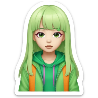  portrait-of-a-green skin alien-k-pop-idol,-wearing-a-stylish-streetwear-outfit-with-layered-colorful-clothing,-long-hair-with-bangs,-makeup,- sticker