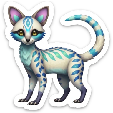 Rare iridescent white exotic epic aesthetic colorful Trico-Genet-species-Fakemon-hybrid-creature, with intricate tattoo markings, full body sticker