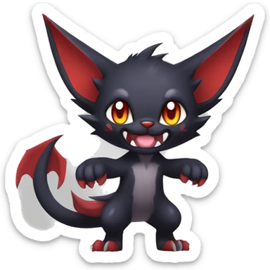   cool cute fantasy anime dark animal vampiric Litten-Zoroark-Nargacuga-cat-hybrid Fakemon with big fangs and bat-ears full body sticker