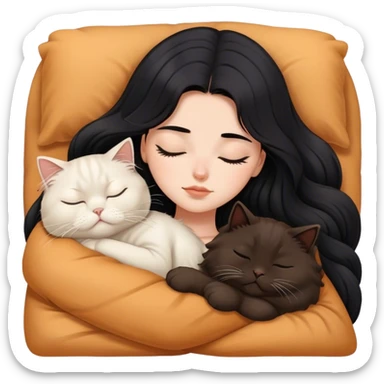 A pretty white girl with long black hair and sleeping curled up to a brown Persian cat sticker