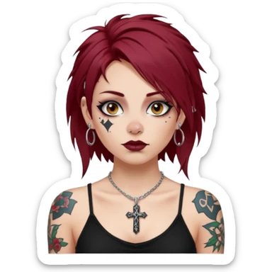 generate an ios genmoji of a girl with dark red messy hair with eyeliner on. septum piercing, wearing a cami black top, has tattoos, on shoulders. ear piercings. wearing a cross silver necklace sticker