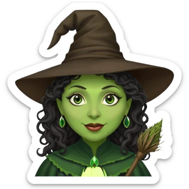 elphaba the wicked witch from wicked movie (cynthia erivo) dark long curly hair, thick lips, wide nose, green skins, witch hat, witch broom, evil, wicked musical film, evil smirk sticker