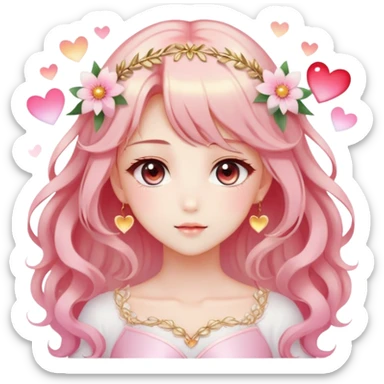 Dreamy pretty pastel anime flowers hearts divine laurel lady with pretty hair and gorgeous eyes, romantic aesthetic, reds, pinks, golds, whites, gradient hues, shiny, sparkly, cute, beautiful, sexy sticker