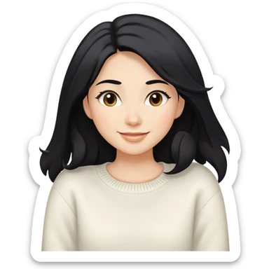 A woman with longer black hair, light to medium skin tone, full cheeks, and almond-shaped eyes, wearing a simple white sweater, joyful and radiant expression, cheerful. sticker