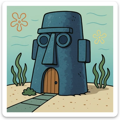 Squidward's Easter Island head house, cartoon style sticker