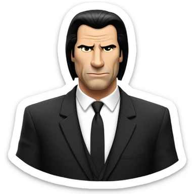 Generate an emoji-style version of the Confused Travolta meme featuring a simplified, cartoon-like representation of John Travolta's character from Pulp Fiction. The figure should have a puzzled expression, with slightly raised eyebrows and an open hand gesture.  the character should wear a black suit with a white shirt.  sticker