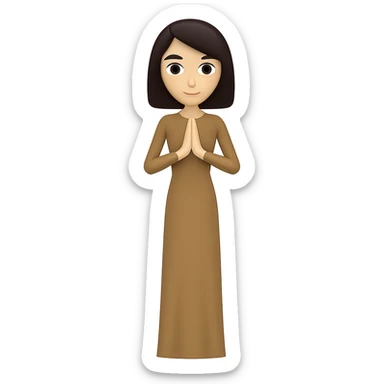 Make the woman very thin, standing and praying from the front view, wearing a long tan dress, with dark brown hair, in an emoji style. Remove the background. sticker