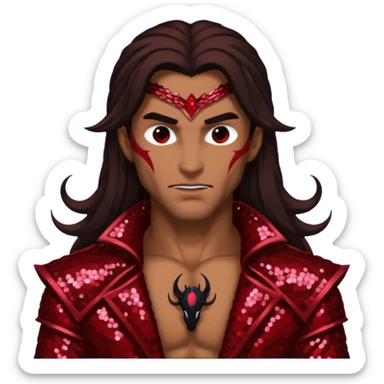 Samael, Venom of God from Gods and Goddesses with tan skin, long dark brown hair, dark red sequin outfit sticker