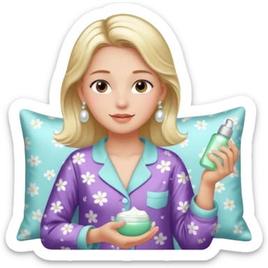 Clean girl aesthetic emoticons, apply skincare products, pearl earrings, glowing skin, pajamas, soft lighting sticker