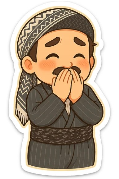 Cartoon sticker of a Kurdish man with the same clothes and scarf as the reference image, no changes to clothes or scarf, face showing a shy expression, hands in front of the mouth (hiding laughter or shyness), colorful and cheerful, no shadows or color halos around the image, no text, suitable for WhatsApp and Instagram, fully transparent background. sticker