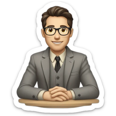 Pale skinned Fit Man With dark brown hair in gray jacket with emblem Ψ, beige office shirt and vintage glasses Sitting at the table sticker