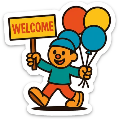 character with balloons and a welcome sign sticker