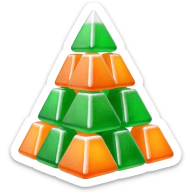 3D render of Gumdrop Pyramid, made entirely of dessert materials, glistening sugar crystal texture, stacked green and orange sugar-coated jelly candies, delicious confectionery aesthetic, Apple emoji style, isolated on white background --v 6.0. sticker