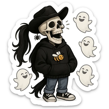 a skeleton in a bee-themed black hoodie, long black hair in a ponytail, black cowboy hat with a spider keychain, joyful and laughing, blue jeans, black and white tennis shoes, hands mostly hidden, small ghosts laughing around him sticker