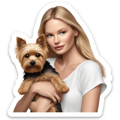 Photo Real pale Victoria secret model cuddling a Yorkshire terrier  sticker