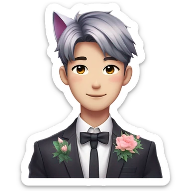 Gorgeous romantic anime style Asian formal modern gentlemanly guy with cat ears and flowers and blushing face aesthetic trending style outside with colorful gradient colors sticker