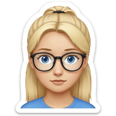 Girl with blonde ponytail blue eyes small nose small mouth and glasses with thin black frames sticker