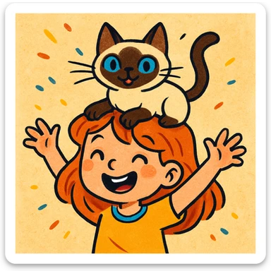 a cute girl with a siamese cat on her head, playful illustration, lively and fun sticker