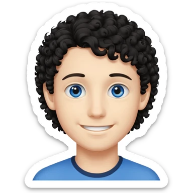 boy, young face like 18 years, blue eyes, medium curly hair black, easy smile sticker