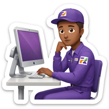 emoji of a man sitting at the table with an imac on it, a man is sitting in a very thoughtful pose, he has his hands on the table and his head resting on themб he look into the screen of imac, he is dressed in FedEx delivery uniform sticker