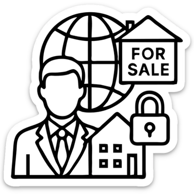 Ícono de real estate que refleje a nuestro cliente ideal: Empresarios y propietarios internacionales que necesitan vender, reinvertir o diversificar su portafolio en propiedades residenciales o comerciales en Miami, con absoluta confidencialidad y criterio. sticker
