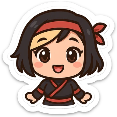 Super cute kawaii chibi style sexy ninja girl with black short hair and a blonde streak, only head and arms visible, big sparkling eyes, round face, soft colors, playful charm, bold outlines, transparent background, no mask, hand at side, smiling, sized for Twitch emoji use. sticker