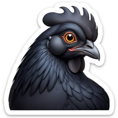 Cinematic Noble Black Chicken Portrait Emoji, Poised and regal, with a compact, sturdy build and a glossy, well-groomed pure black plumage, deep-set soulful beady eyes, Simplified yet sharp and sophisticated features, highly detailed, glowing with a soft, dignified glow, high shine, intelligent and alert, stylized with an air of mysterious elegance, focused and attentive, soft glowing outline, capturing the essence of a watchful and confident fowl, so majestic it feels as though it could strut out of the screen with effortless authority! sticker