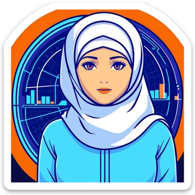woman with white hijab in blue outfit, gazing forward, encircled by futuristic holographic screens displaying AI visualizations, quantum data patterns, circuit networks, high-tech metaverse elements sticker