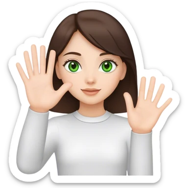 Cute brunette girl with green eyes waving greeting with one hand sticker