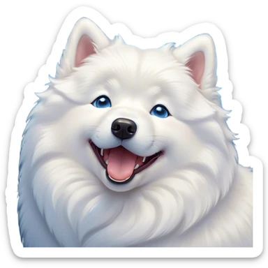 Cinematic Cute Yawning Samoyed Portrait Emoji, Head tilted slightly with a dramatic, wide-open yawn, showcasing a soft, fluffy white Fur with a gentle shimmer, floppy ears slightly drooping, round blue eyes barely open in drowsy contentment, Simplified yet irresistibly adorable features, highly detailed, glowing with a soft, cozy glow, high shine, relaxed yet expressive, stylized with a touch of whimsy, bright and endearing, soft glowing outline, capturing the essence of a sleepy yet affectionate companion, so drowsy it feels like it could stretch right out of the screen and curl up for a nap! sticker