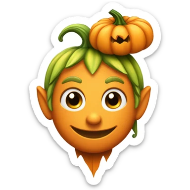 Elf with a pumpkin head, carved smile face on the pumpkin, leaves in hair, Halloween theme, emoji sticker