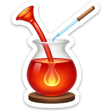 Glassblowing and casting icon, molten glass being shaped into a delicate object with a blowpipe, glowing red-hot glass being poured into a mold, unfinished glass sculpture, minimalistic style, clean lines, transparent background. sticker