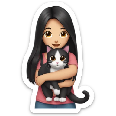 A girl with long black hair hugging a beautiful cat sticker