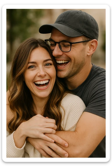 A romantic scene: a woman with green eyes and long brown-blonde balayage hair is held by a man with strong arms, brown eyes, a cap, glasses, very short dark chestnut hair, and light skin. Both are laughing. sticker