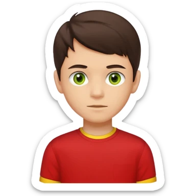 A portrait of a 14-year-old boy, he's got dark-brown hair, light brownish skin and green hazel eyes. he's wearing a red t-sirt with yellow sleeves. sticker