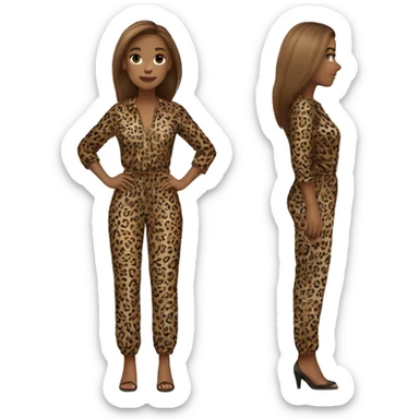 jumpsuit leopard print, light brown straight hair, full body sticker