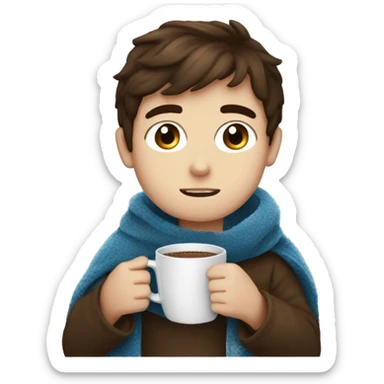 Brown hair blue eye Boy drinking coffee, with a cozy blanket sticker