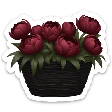 a large black basket of flowers consisting of dark red peonies in shades of burgundy and tulips in shades of red sticker