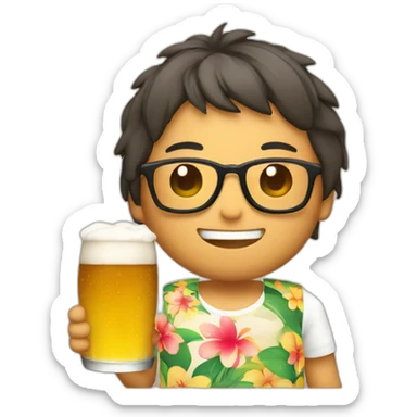 Japanese wearing roundglasses alohashirt is holding beer sticker