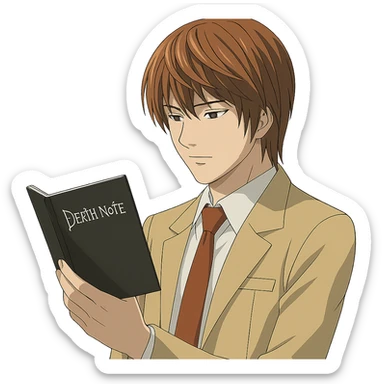 Light Yagami from Death Note, anime style, calm expression, looking at the Death Note, brown hair, school uniform sticker