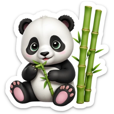 A 3D baby panda sitting and happily eating bamboo, big shiny eyes, cute and cartoonish style, soft lighting, high quality sticker