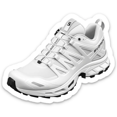 Completely all-white Salomon XT-6 shoes with no colored details whatsoever, one positioned behind the other, pure white minimalist design, iOS emoji style sticker