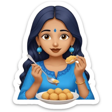 a pretty tan indian bratz girl. eyeliner on, wearing a blue kurti, eating golgappa. NO SPOON. wavy long black hair sticker