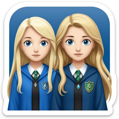 a pretty ravenclaw girl with long brown hair and blue eyes standing with a hot Slytherin girl with long blonde hair, blue eyes sticker
