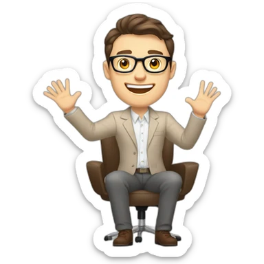 Joyful Celebrating victory Hands up Pale skinned Fit Man With dark brown hair in gray jacket, beige office shirt, Brown pants and vintage glasses sitting In a soft chair sticker