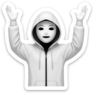 A minimalist black-and-white line art of a faceless hooded figure with raised arms, expressing excitement. The hood is outlined in clean white lines, and the figure is filled with black. A bold white capital “N” is on the chest. No glow or effects, with a transparent background. sticker