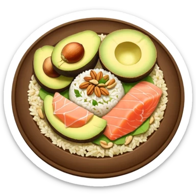 plato con comida variada granos aguacate rebanado salmon nueces arroz

 sticker