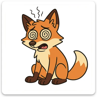 dizzy fox with spiral eyes, sitting pose, no background sticker