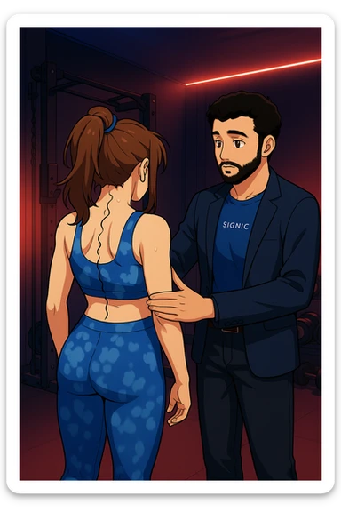 ispirati a questo stile di disegno e fai questa immagine in versione manga/webtoon a colori, il manga mostra la donna di spalle, mentre l'uomo le tocca la spina dorsale per spiegarle come funziona la scoliosi:
Con una scoliosi il baricentro corporeo cade maggiormente da un lato; per non cadere la schiena compensa accumulando tensione sul fianco opposto.
Il risultato? Si inclina e ruota sempre più, fino a che non cede (discopatie, artrosi, ecc) sticker