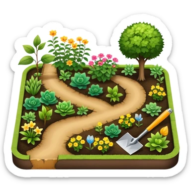 Icon for Landscape Design: a garden layout with plants, trees, paths, and design tools like a spade, pencil and measuring tape. The icon should represent creativity in outdoor space planning and gardening. Transparent background. sticker